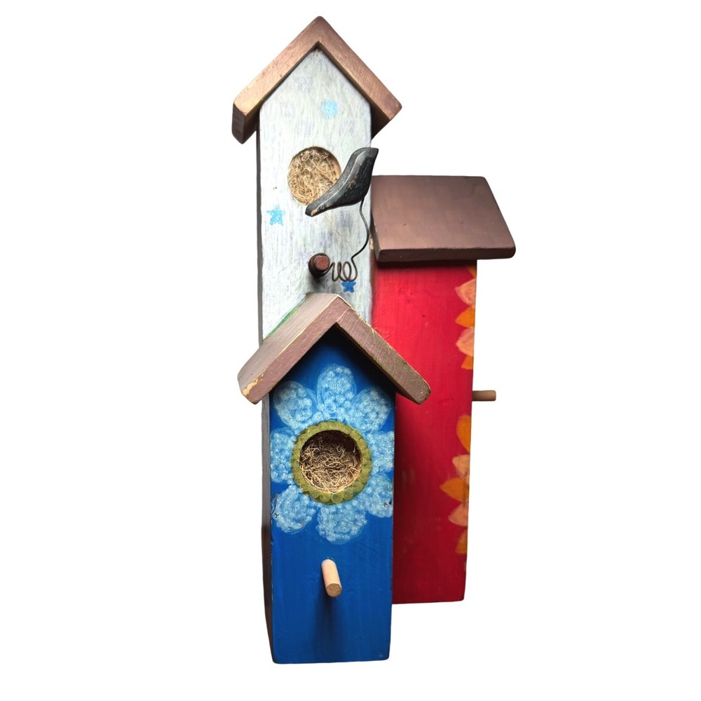 Hand Painted Wooden Decorative Birdhouse Folk Art Sunflower Rustic upcycled